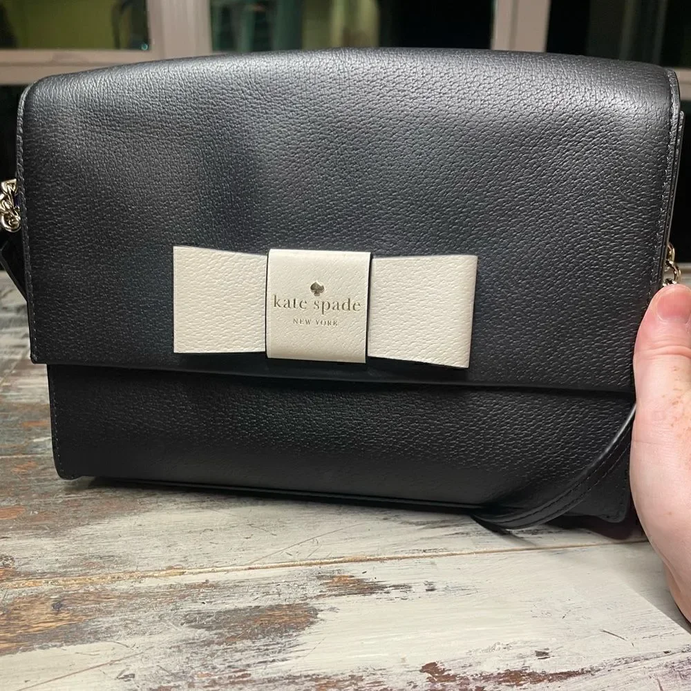 Kate Spade Kirk Park Saffiano Veronique Alek Crossbody Bow Black Beige Bow